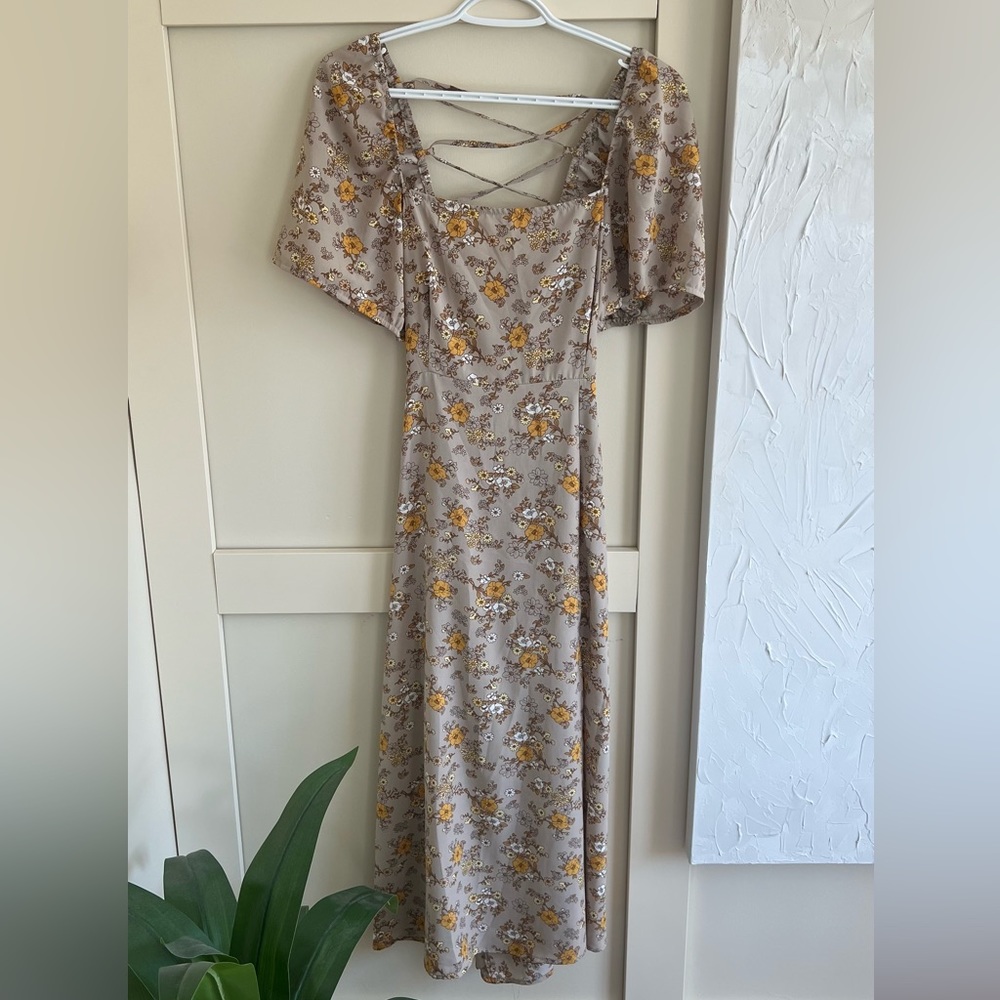 Beige Floral Midi Dress with Lace Up Back detail (backless).